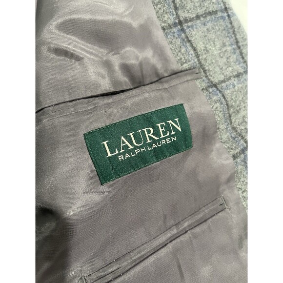 Lauren Ralph Lauren Men’s Wool Gray Windowpane Blazer Size 46R Elbow Patches - Picture 8 of 13